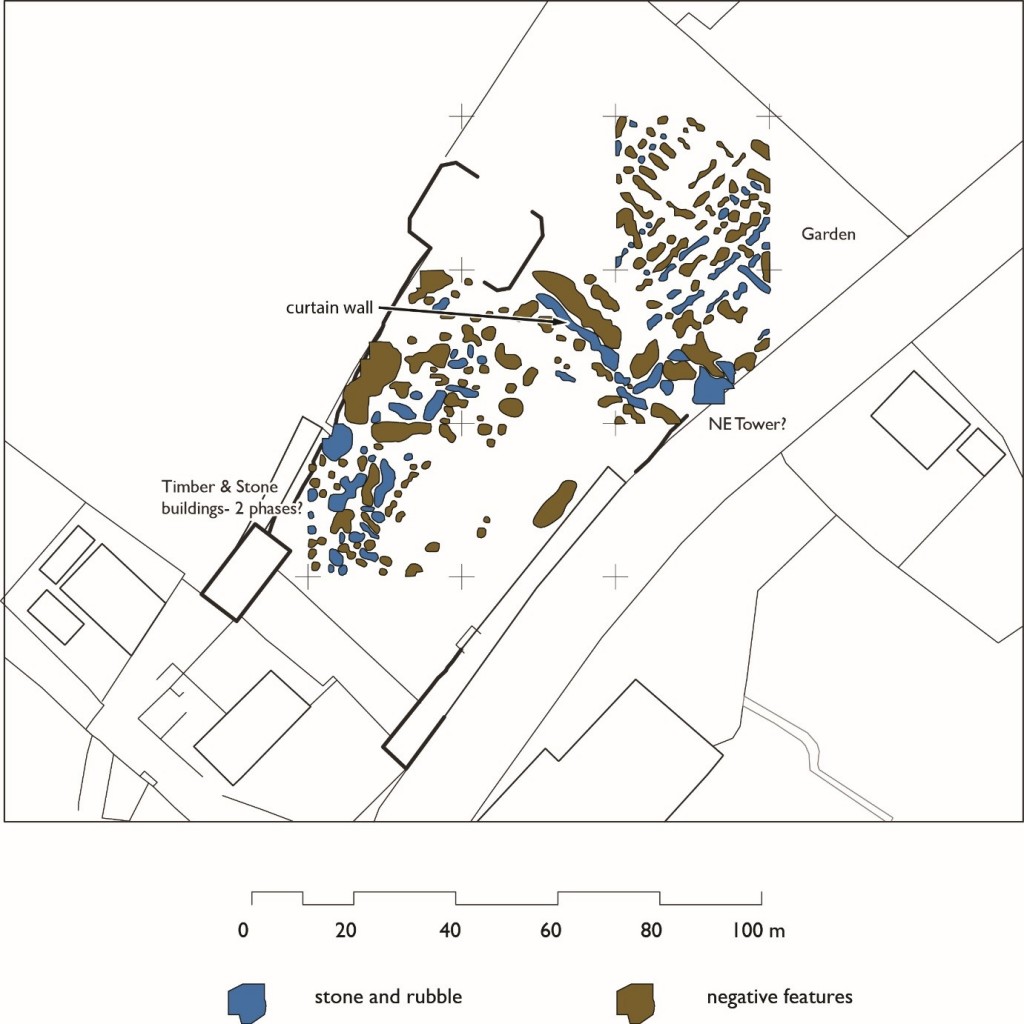Interpreted results of geophysical survey at Gleaston Castle by Richard Peterson of UCLan. Base mapping contains OS data © Crown Copyright and Database right 2015. An EDINA/Digimap supplied service.